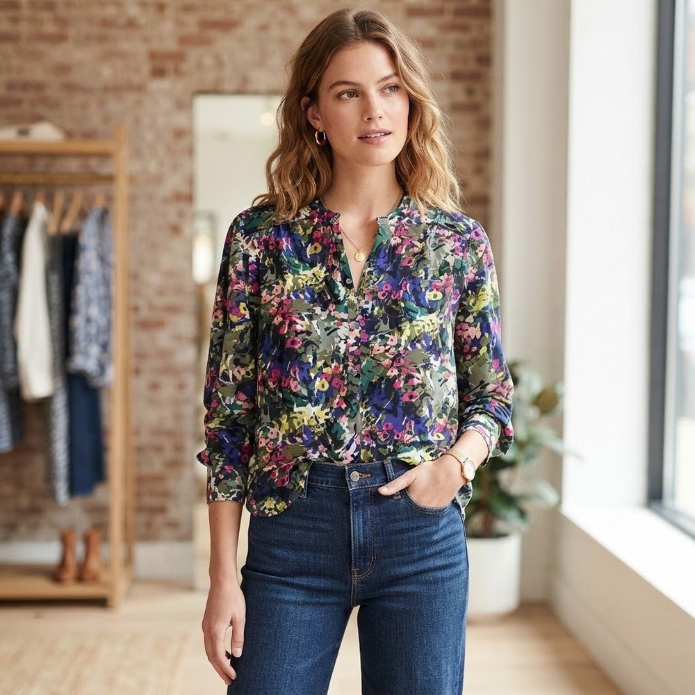J.Crew Womens Abstract Floral Henley Blouse Blue Pink Green F3812 Size M